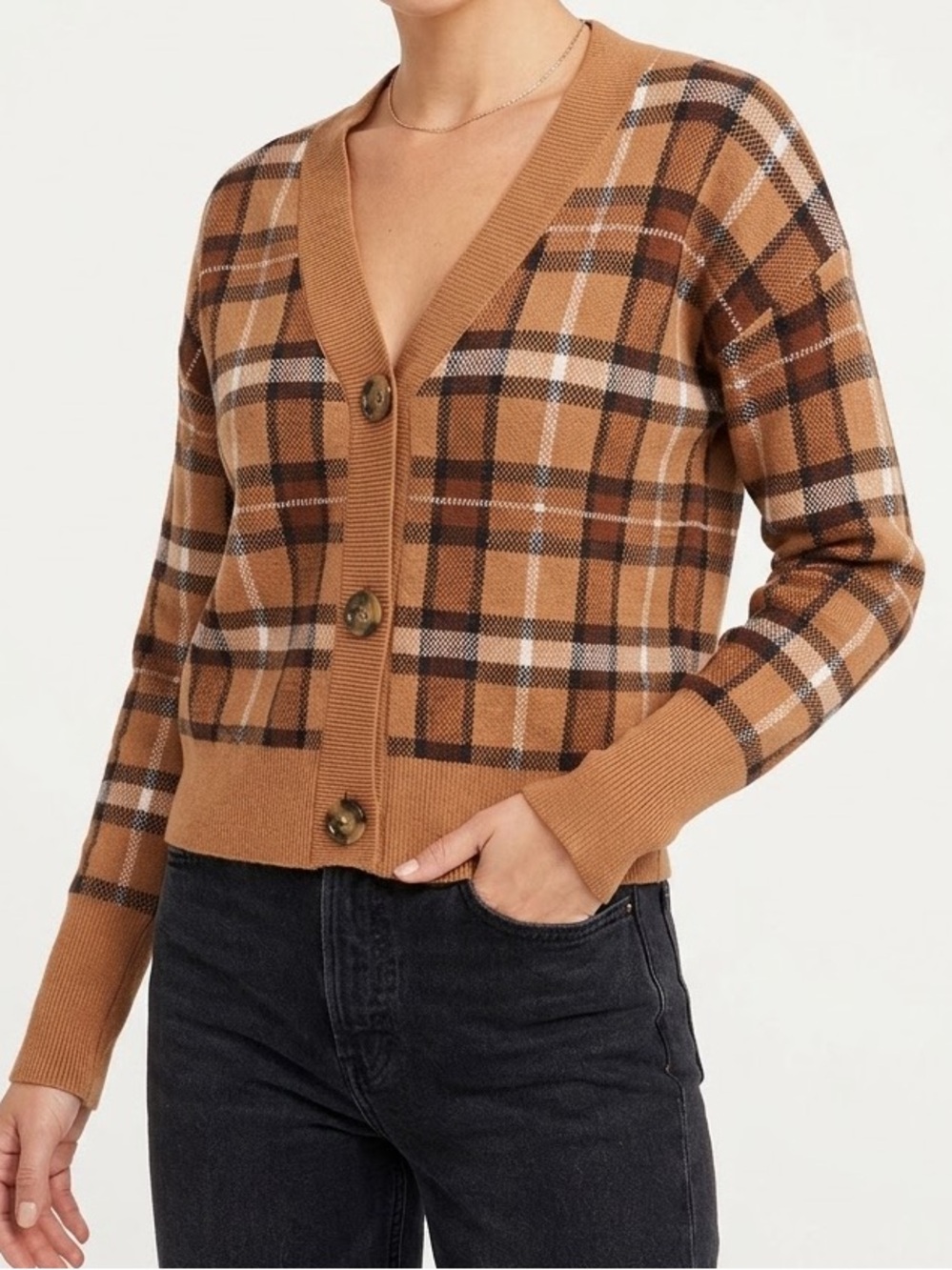 Marled Camel Plaid V-Neck Button Cardigan